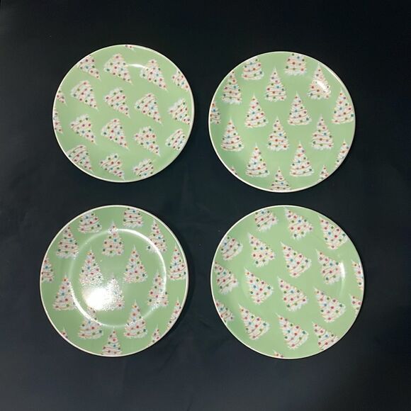 New Eccolo Casey Krimmel green white Christmas tree set of 4 6” diameter plates - Picture 1 of 8